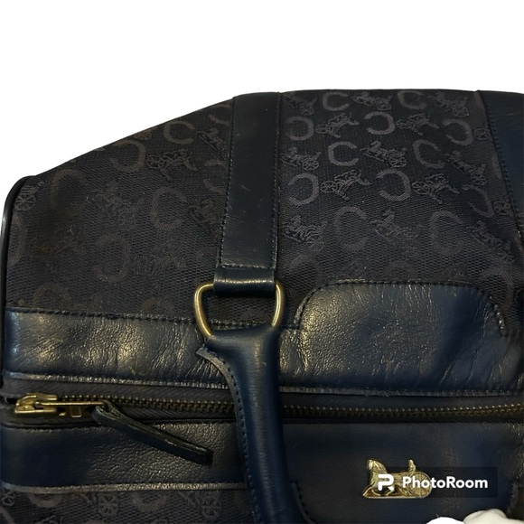 CELINE Authentic Vintage C Macadam Navy Blue Canvas Leather Trim Boston Bag Tote - Picture 14 of 17